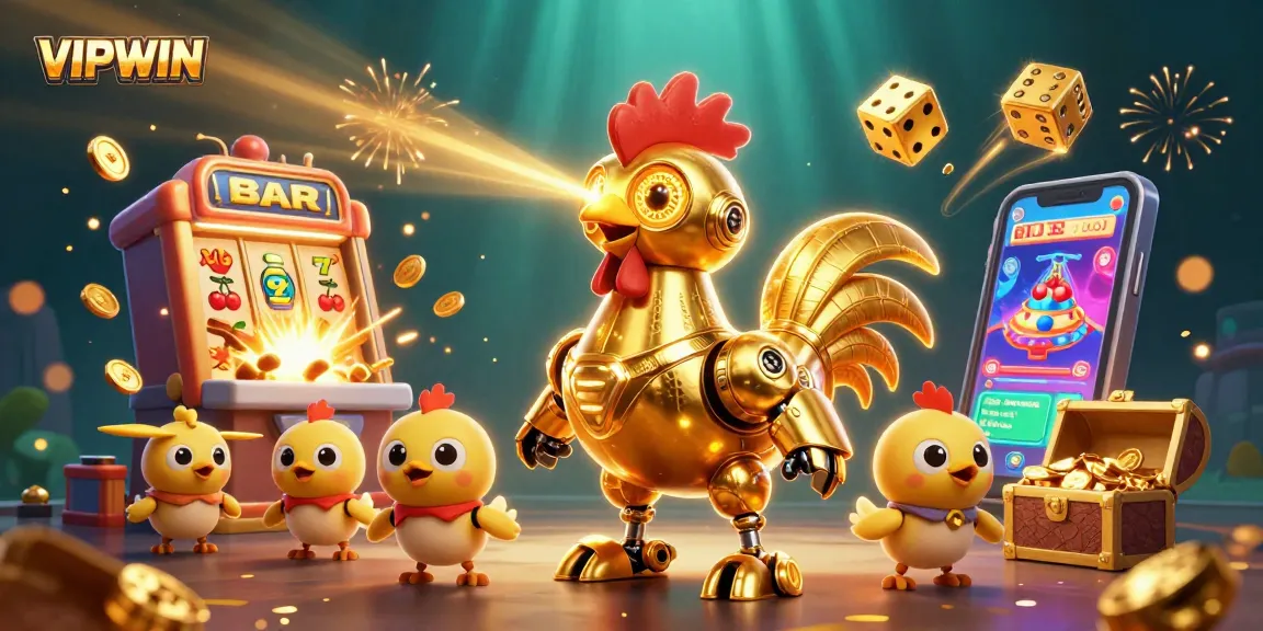 VIPWIN showcases a vibrant 3D casino scene with a golden rooster robot and baby chick drones, surrounded by slot machines and treasures.