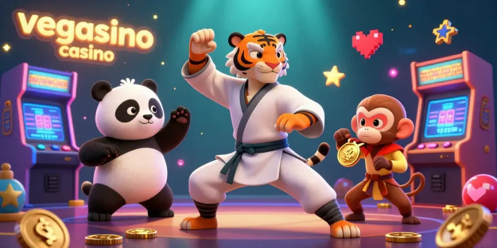 Engage with exciting games at vegasino casino, featuring a kung fu tiger, panda, and monkey in a lively scene.