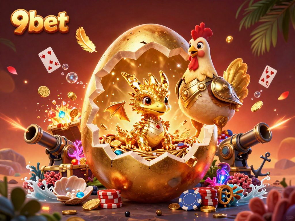 Engage in thrilling gaming with 9bet as a golden dragon emerges from a jackpot nest of poker chips.