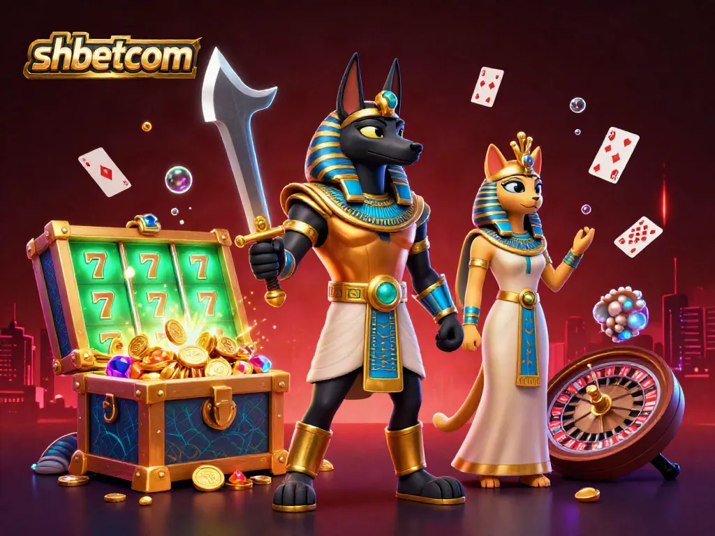 Engage with shbetcom through an exciting 3D scene showcasing Anubis and Bastet amid energetic gaming elements.