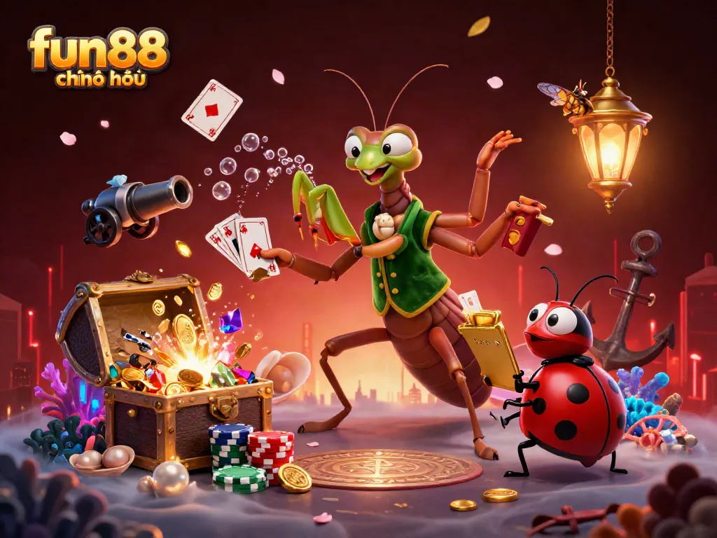 Play exciting games with fun88 chính thức featuring a vibrant scene of 3D characters engaging with casino elements.