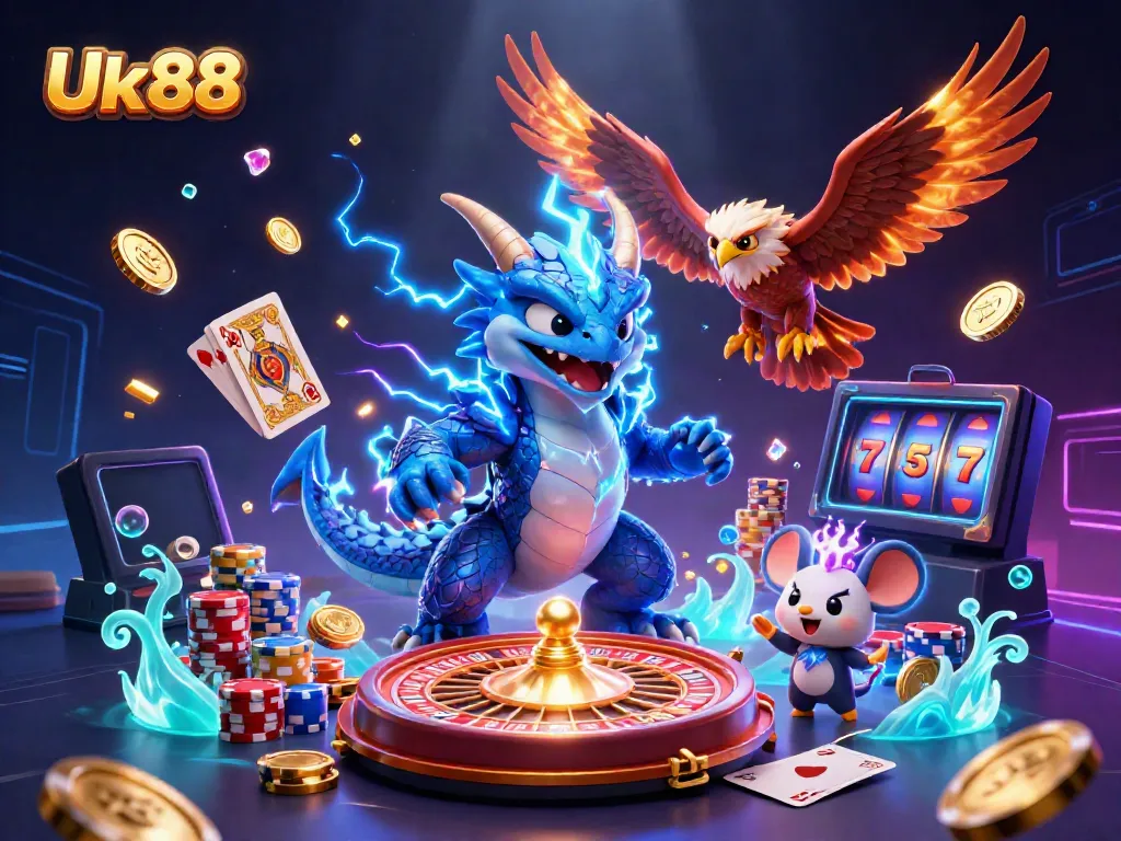 Experience thrilling gameplay with Uk88's vibrant 3D casino scene featuring dynamic characters and rich game elements.