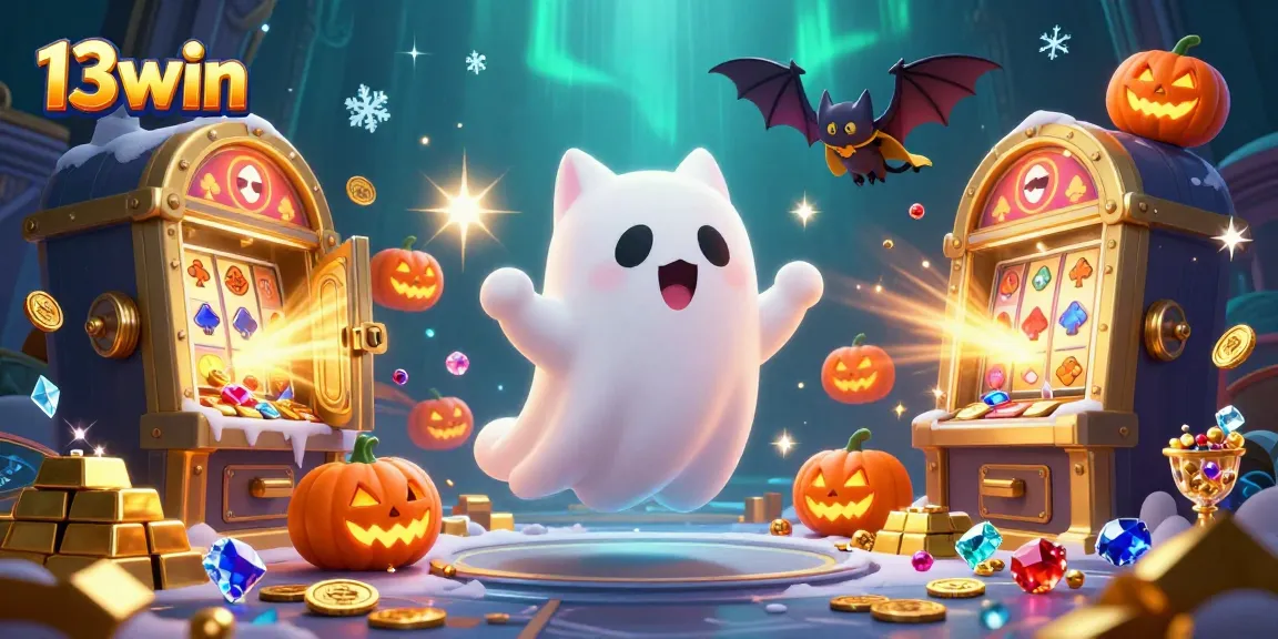 Experience thrilling gaming moments with 13win's lively ghost cat and vibrant casino scene.
