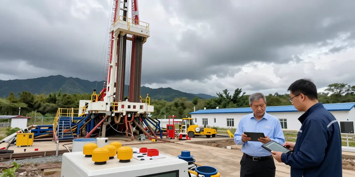 Geothermie-Anlage mit Ingenieuren bei der Überwachung von Bohrdaten im Hintergrund.