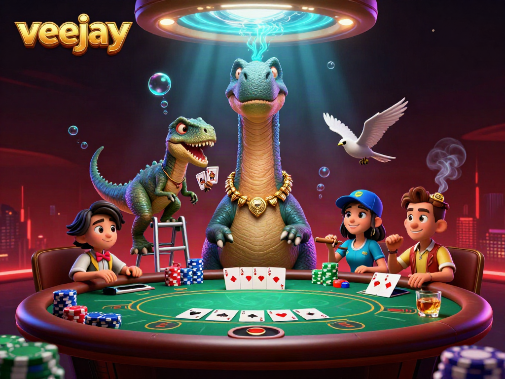 Erleben Sie Pokeraction mit veejay: Ein Brontosaurus und Raptor interagieren am Pokertisch.