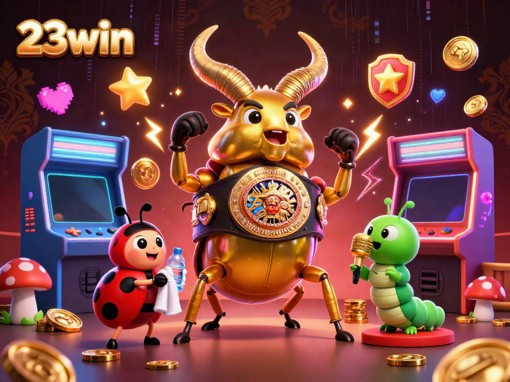 Engage with thrilling games at 23win, featuring a dynamic casino scene with vibrant characters.