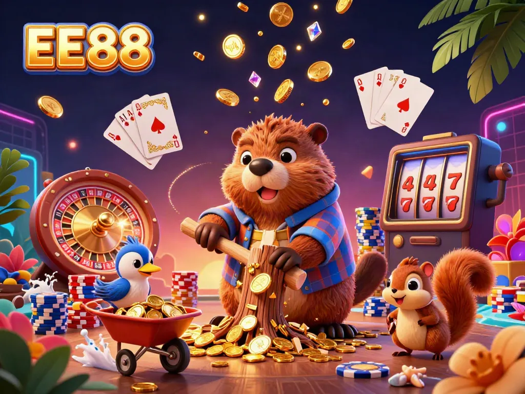 Experience the excitement of EE88 with a vibrant, 3D illustration of a proactive beaver and friends collecting golden coins in a dynamic casino setting.