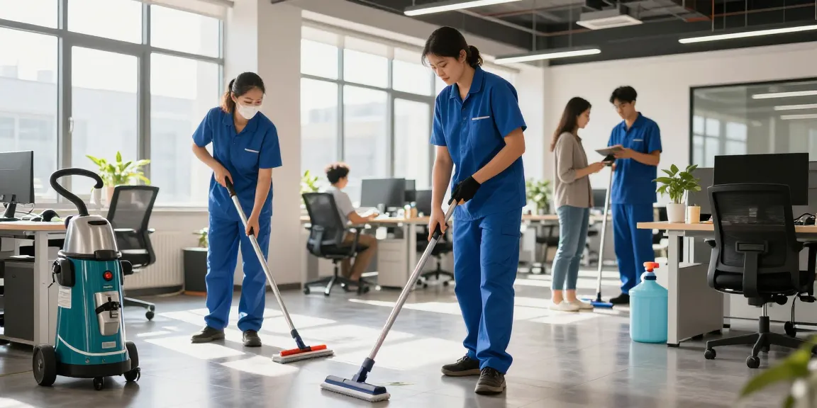 Professionelle Gebäudereinigung Düsseldorf mit einem Reinigungsteam, das in einem modernen Büro arbeitet.
