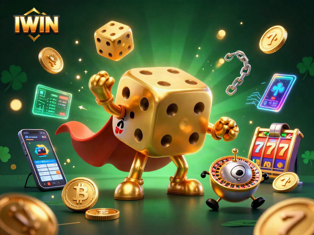 IWIN showcases a vibrant gaming scene with dice and slot elements, embodying winning strategies.