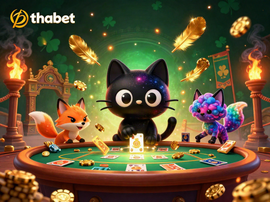 Thabet's cosmic casino adventure featuring a black hole cat and colorful nebula fox surrounded by golden chips.