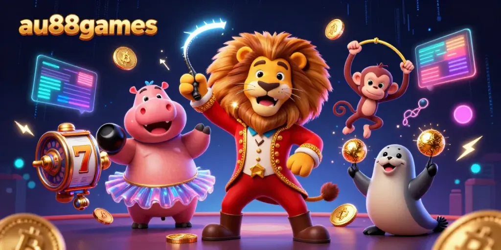 Experience thrilling gameplay at au88games with circus characters in a vibrant casino setting.