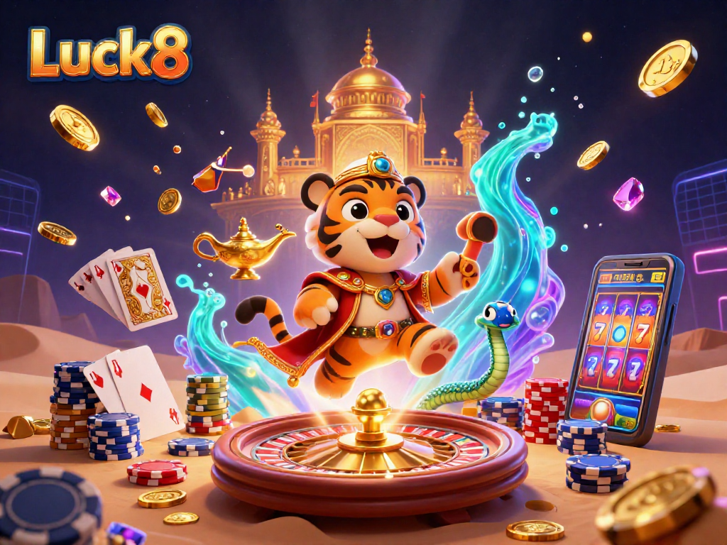 Experience Luck8's vibrant casino adventure with a luxurious sultan and magical elements.