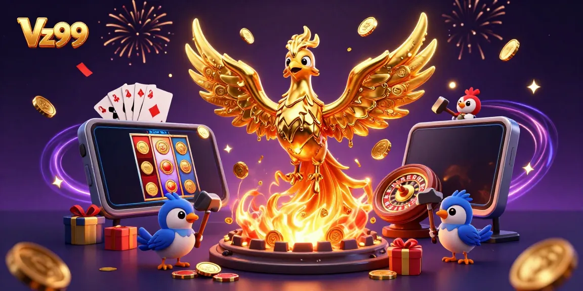 Experience exciting gaming with Vz99, featuring a striking 3D golden phoenix and casino elements.
