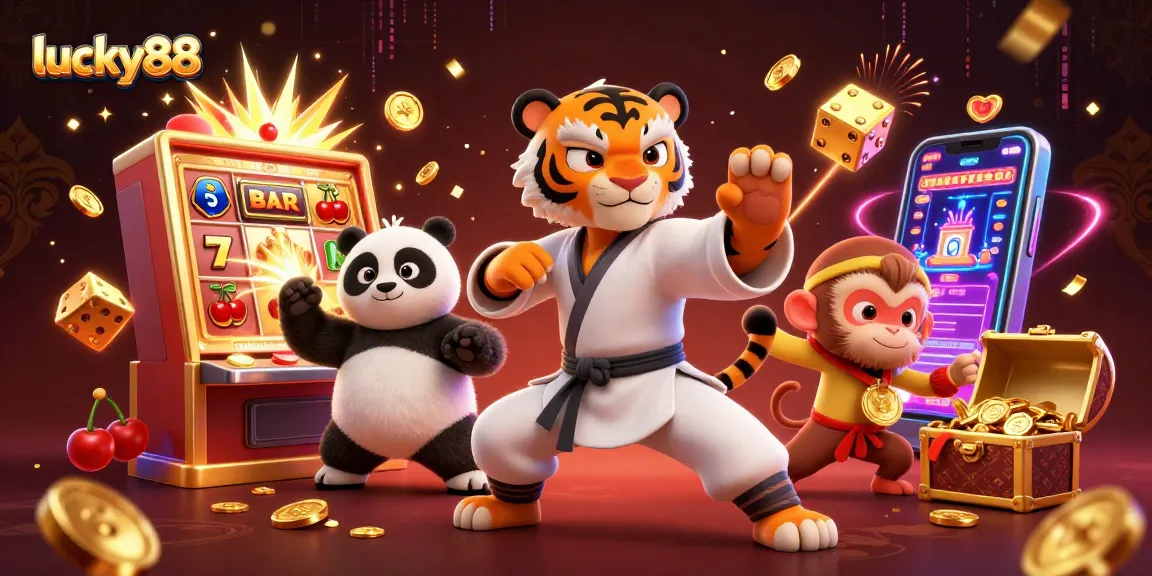 Play captivating games at lucky88 with a 3D cartoon kung fu tiger master, jackpot slots, and vibrant casino elements!