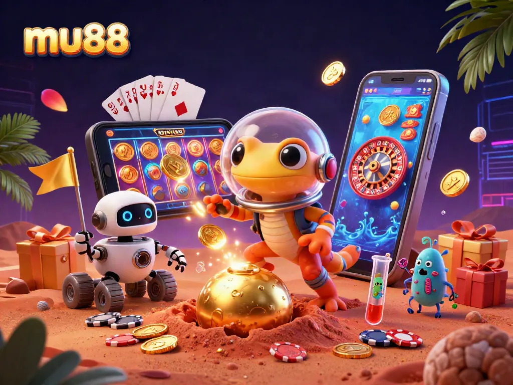 Engage in thrilling gaming at mu88 with a cartoon Martian gecko amid a vibrant casino scene.