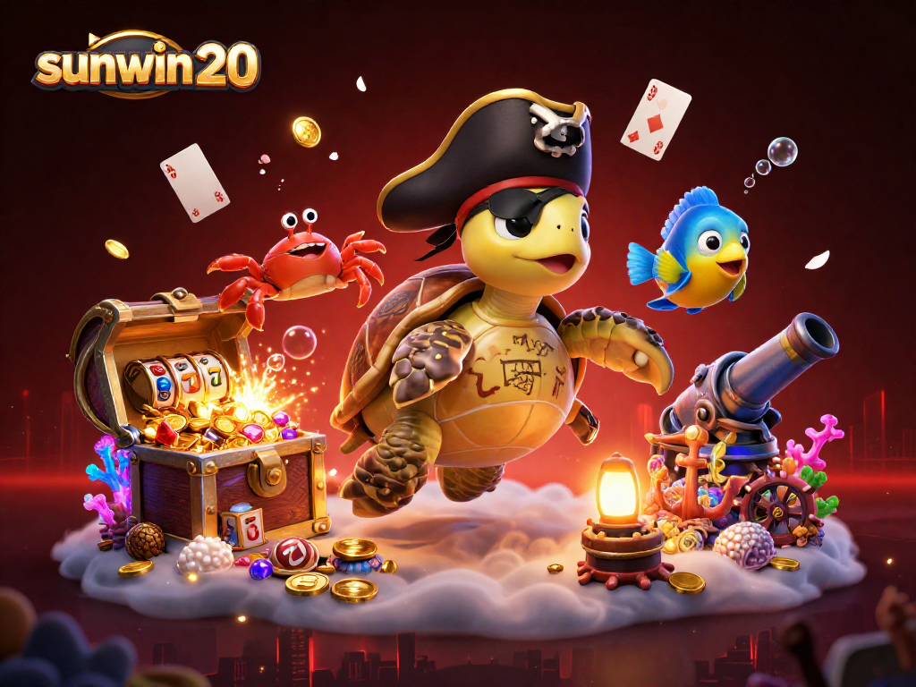 Experience sunwin 20 with vibrant 3D casino characters and a treasure-filled underwater scene.