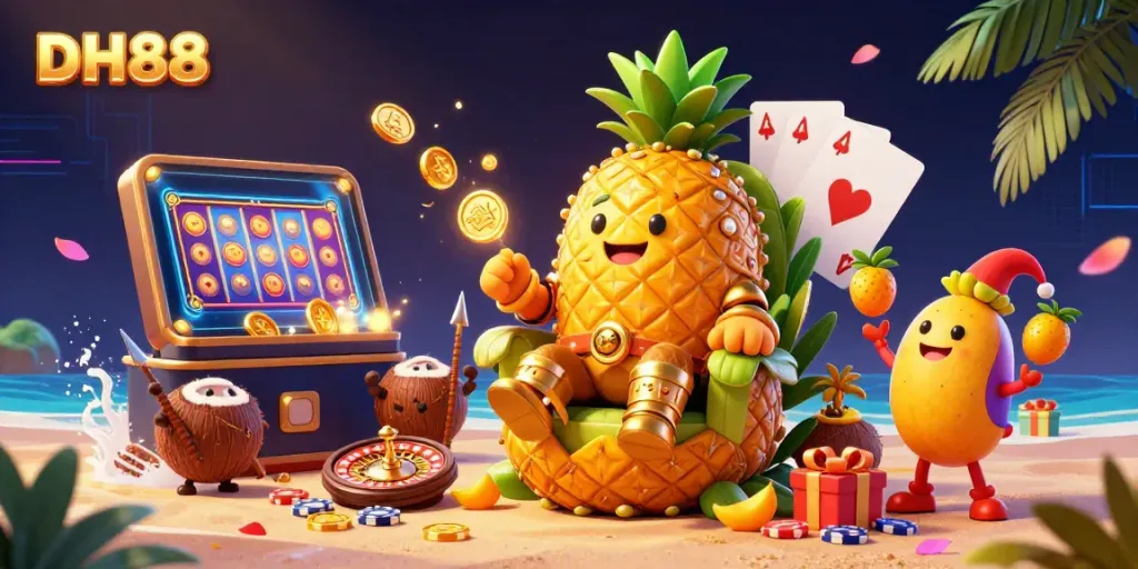 Engage with dynamic DH88 casino action featuring a colorful slot game, golden pineapple king, and vibrant casino elements.