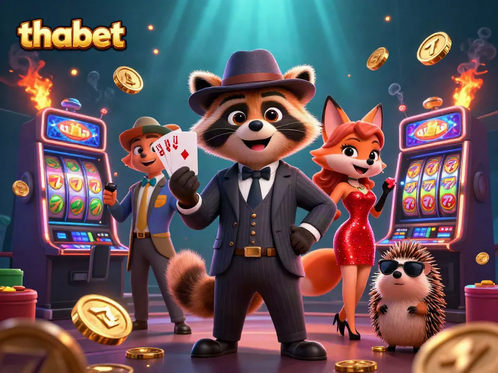 Experience luck with Thabet as charming characters celebrate casino wins amidst vibrant slot machines.