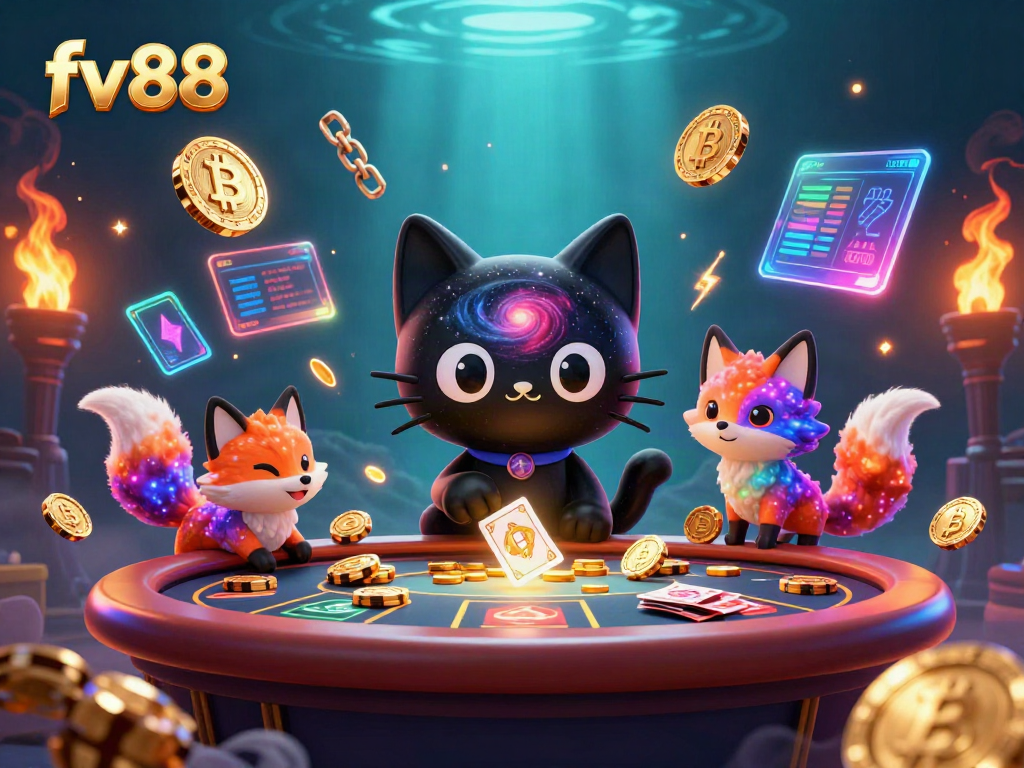 Engage with the cosmic charm of fv 88 at a vibrant casino table, featuring a black hole cat.