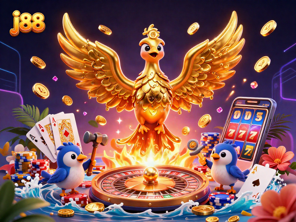 Engage with j88's dynamic gaming scene featuring a golden phoenix and captivating casino elements.