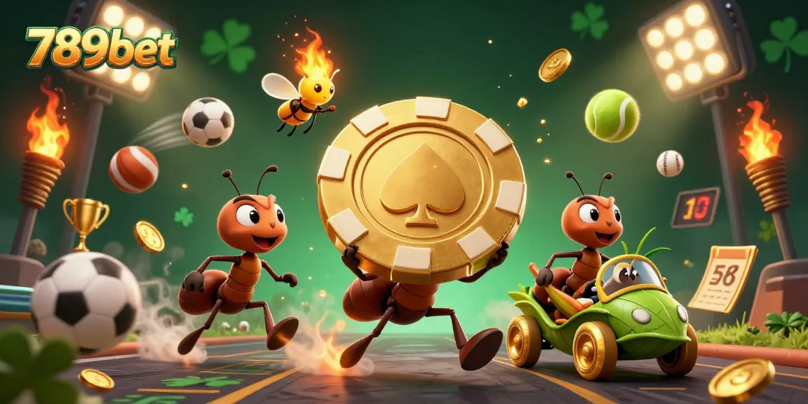 Bet on 789bet with ants running a heist for a giant poker chip in a dynamic casino illustration.