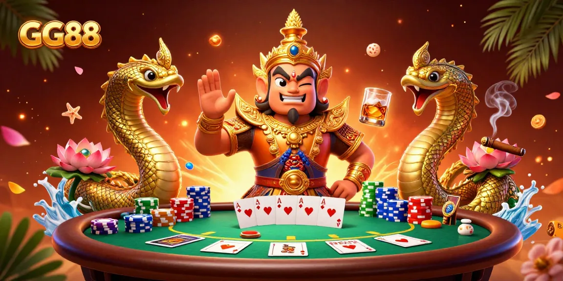 Engage with GG88 featuring 3D characters at a vibrant poker table, showcasing a competitive gambling scene.