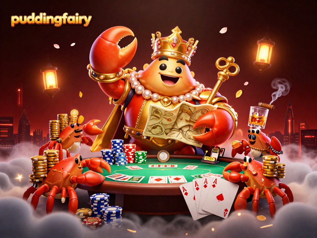 Experience the excitement of puddingfairy with vibrant casino elements featuring a golden crab emperor and poker scenes.