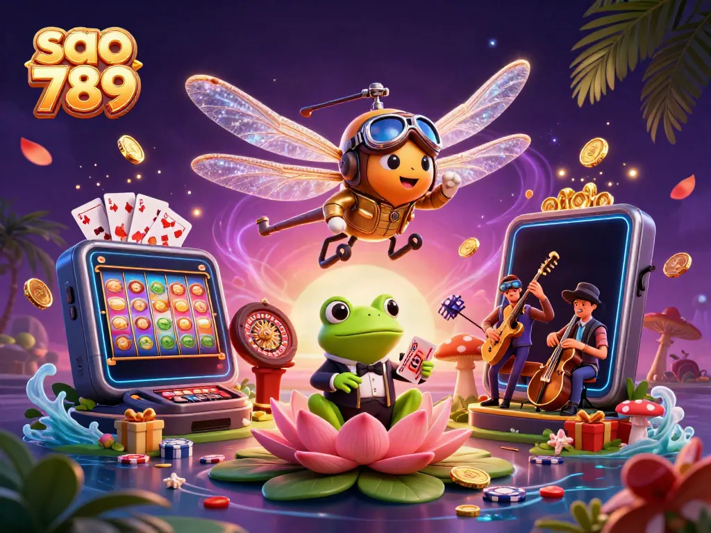 Engage with thrilling slot games at sao 789 amidst a lively casino scene featuring unique characters.