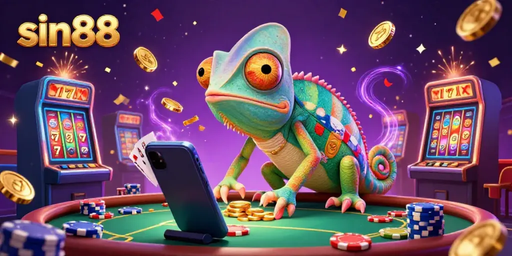 Experience thrilling gameplay with sin88's vibrant casino environment featuring a colorful chameleon and slot machines.