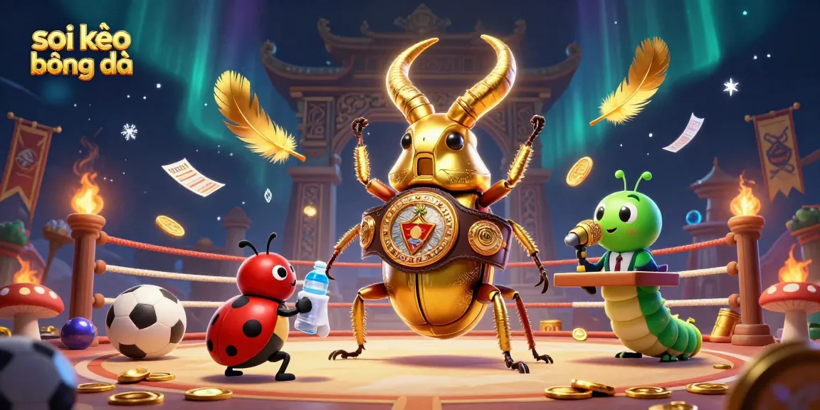 Soi kèo bóng đá vibrant scene showcasing a golden stag beetle champion squaring up in a betting arena.