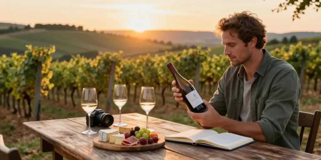 Weinlexikon: Weinliebhaber genießt den Besuch im Weinberg mit verschiedenen Weingläsern und einer Käseplatte.