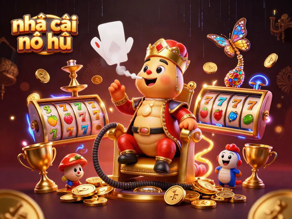 Experience the thrill of nhà cái nổ hũ with vibrant slots and gambling treasures in this festive 3D scene.