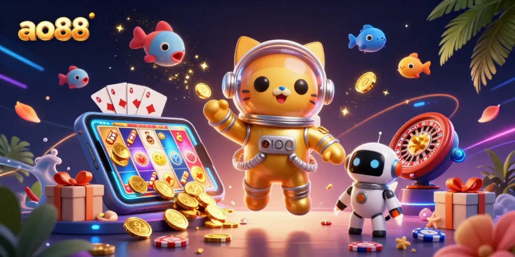 Spin to win with ao88's vibrant 3D illustration showcasing a playful cat astronaut amidst casino excitement.