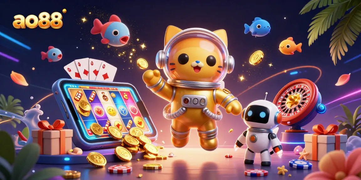 Spin to win with ao88's vibrant 3D illustration showcasing a playful cat astronaut amidst casino excitement.