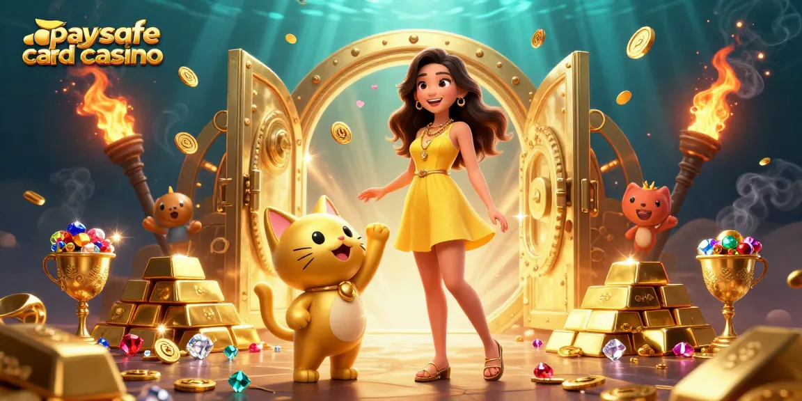 Erleben Sie die aufregende Welt der Paysafe Card Casinos mit einer lebendigen 3D-Illustration, die eine fröhliche asiatische Frau und eine goldene Glückskatze zeigt.