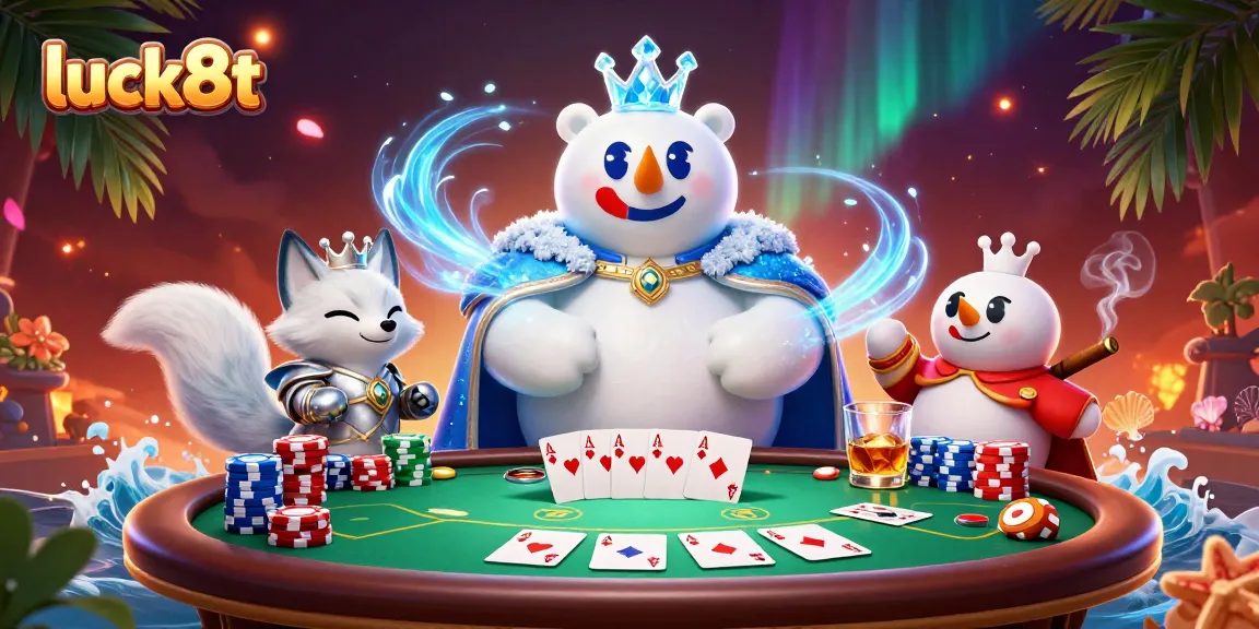 Engage with luck8t's thrilling poker scene featuring a majestic polar bear and a silver-armored fox.