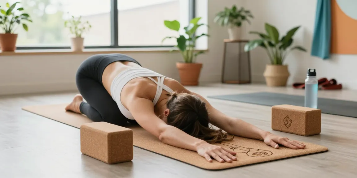 Personalized cork yoga mat set with block in a bright yoga studio