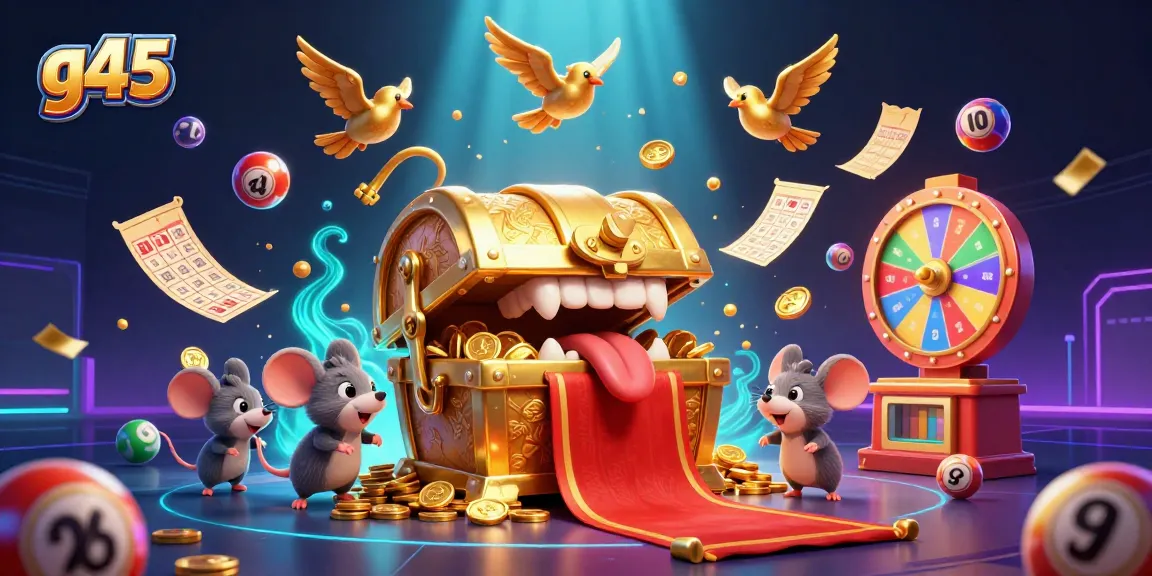 Engage with g45 lottery excitement featuring vibrant visuals of bouncing balls and treasure chests.
