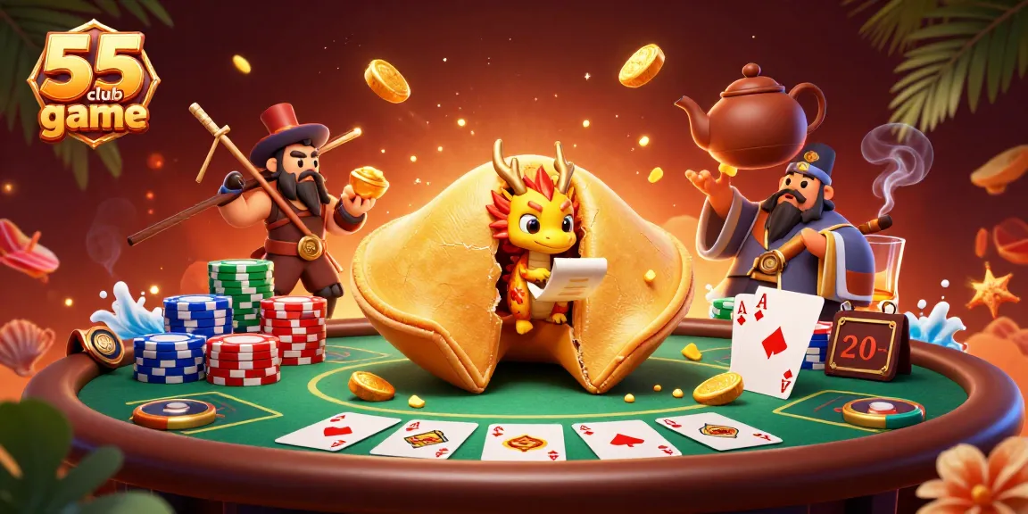 Engage in the thrilling 55 club game with a vibrant scene featuring a golden fortune cookie and poker elements.