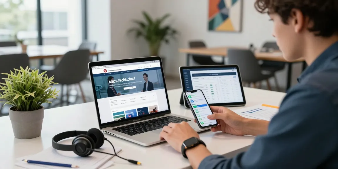 Dynamic workspace showcasing digital communication tools and https://sc88.chat/ homepage, with a motivated professional at work.