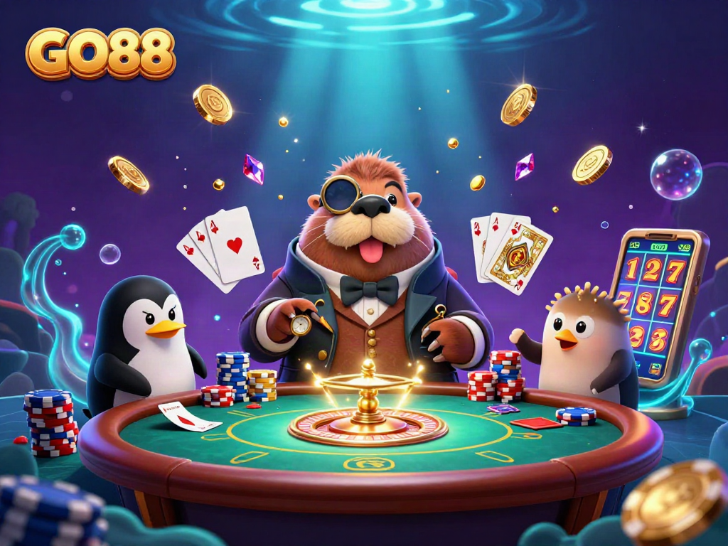 GO88 players bluffing at an underwater poker table with a walrus dealer and exciting casino elements.