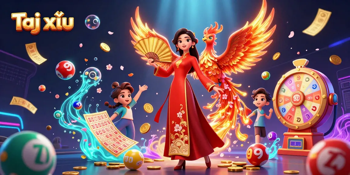 Tài xỉu gaming scene featuring a beautiful woman and a phoenix amidst vibrant lottery elements.