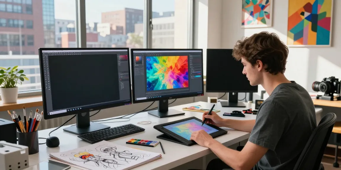 Artistic workspace creating 18+ AI images, showcasing vibrant digital artworks and creative process.