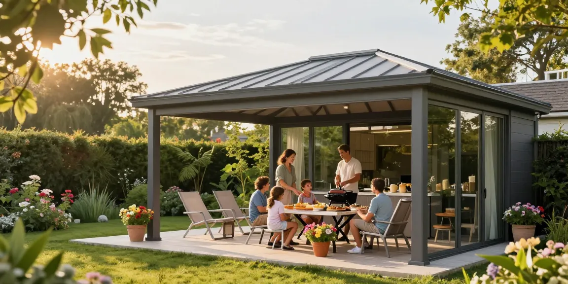 Freistehende Terrassenüberdachung mit Familie beim Grillen in Gartenatmosphäre