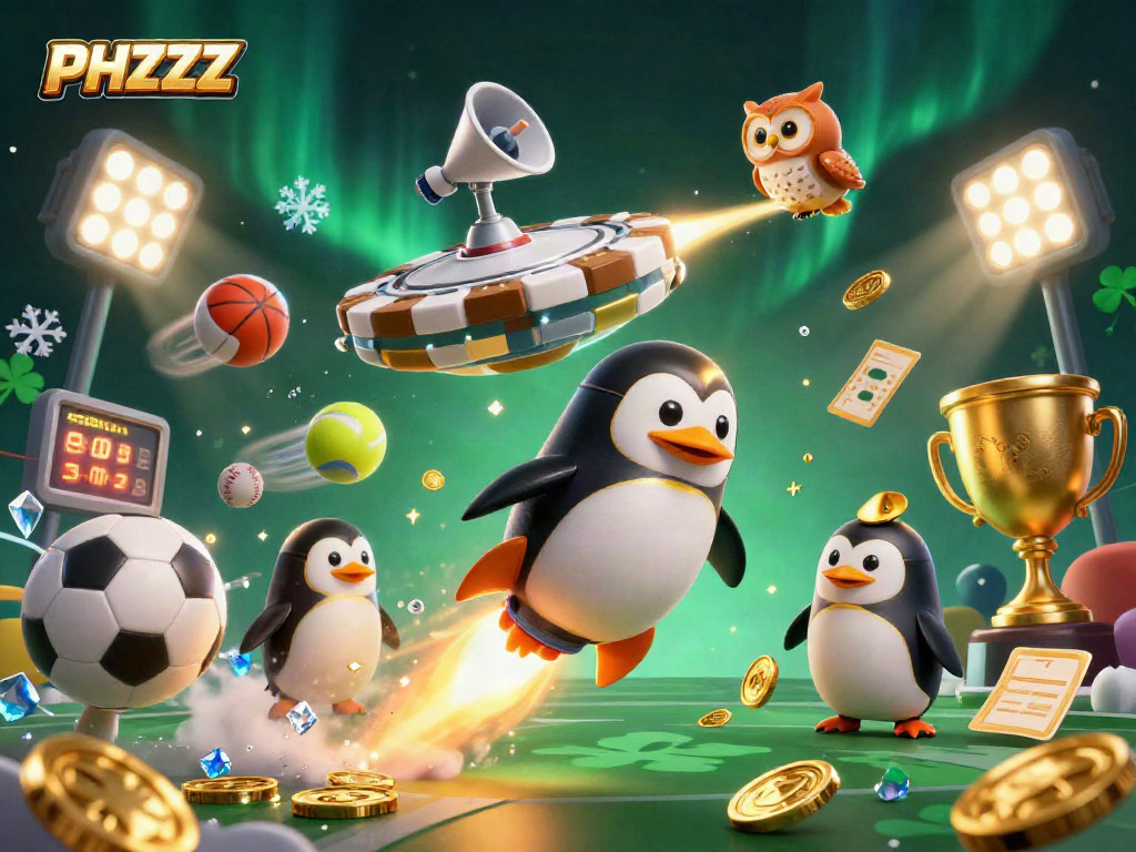 Bet on PHZZZ with dynamic sports elements and a golden penguin in a cosmic casino scene.
