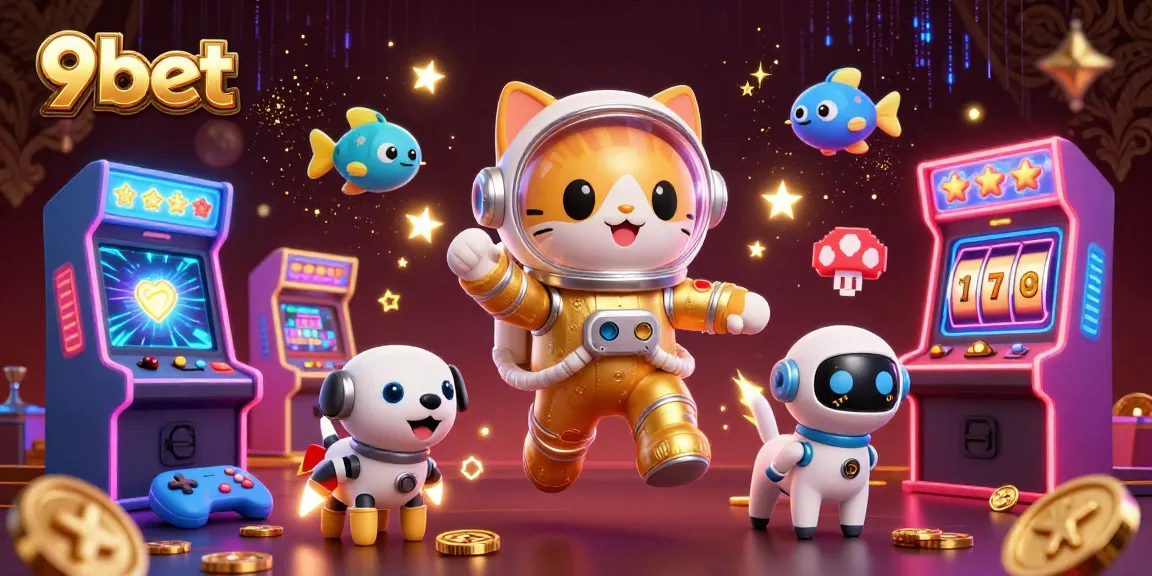 9bet showcases a vibrant 3D casino scene with an astronaut cat and jackpot elements.