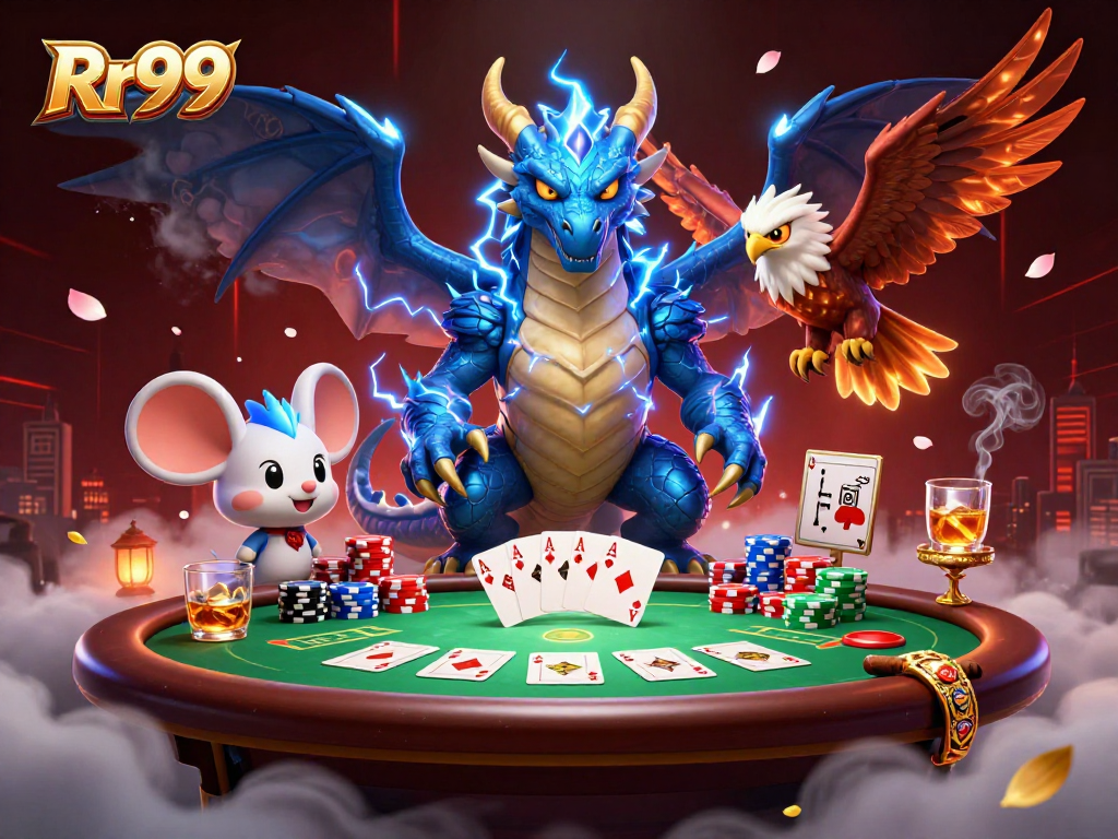 Experience the thrill of poker with Rr99 in a dynamic illustration featuring enchanting 3D characters.