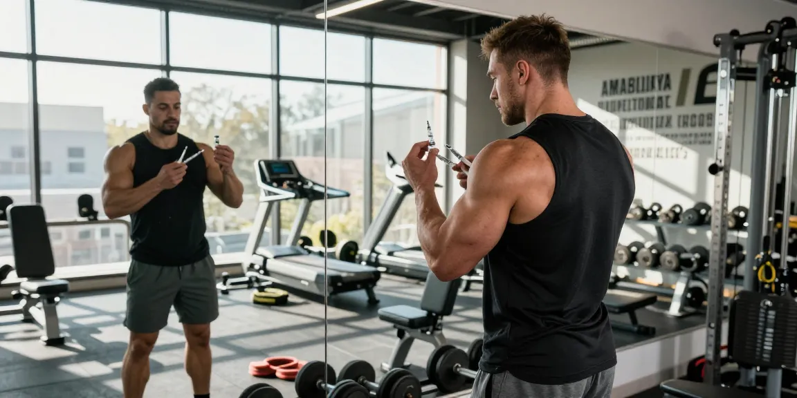 Bodybuilder demonstrating Anabolika injection technique in a modern gym environment