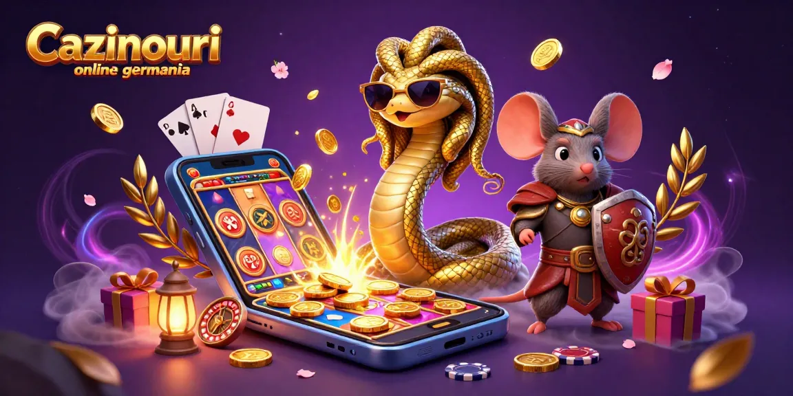 Cazinouri online germania spins colorful slots with Medusa and a warrior mouse in a vibrant 3D illustration.
