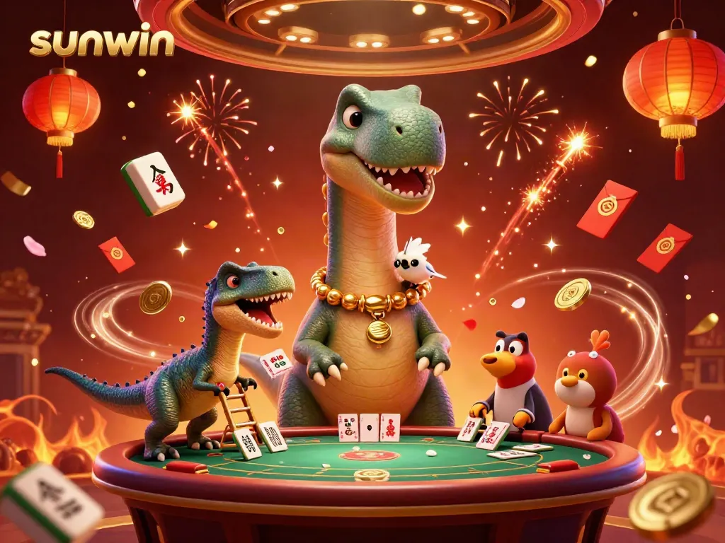 Engage in thrilling gaming at sunwin with a towering brontosaurus observing a lively poker table in a festive casino.